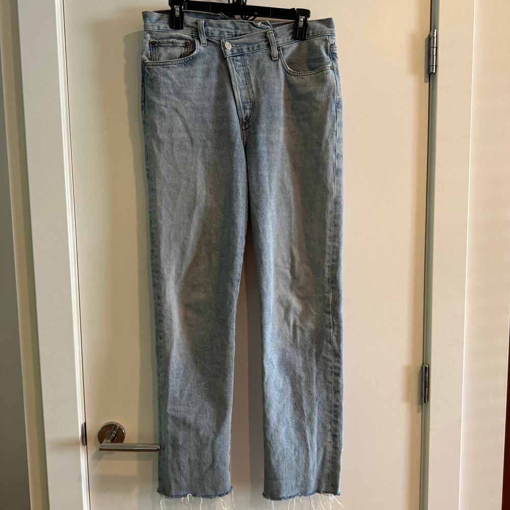 Agolde Criss Cross Straight Jeans Blue High-Rise Zip Button Raw Hem Pocket Sz 28